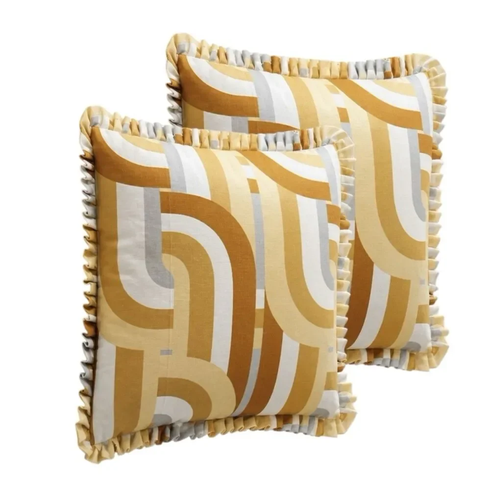 Handmade Set of 2 Throw Pillow Covers 18x18 Geometric Ruffle Trim Hidden Zipper